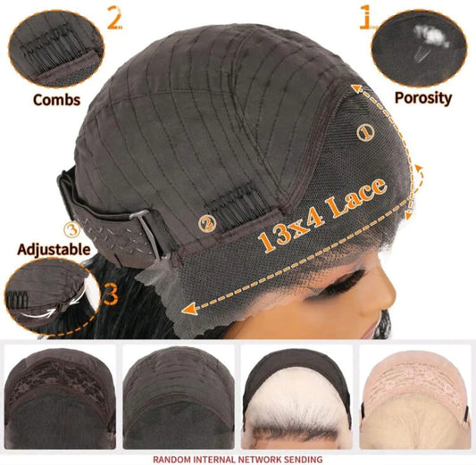 Hair wig with features highlighted on a mannequin head, including combs, porosity, and adjustable design.