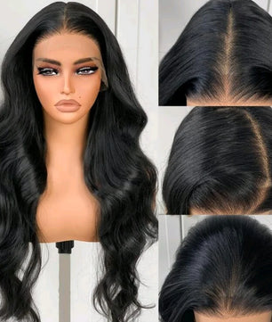 Black wavy wig on a mannequin head with close-up views of the hairline and front of the wig.