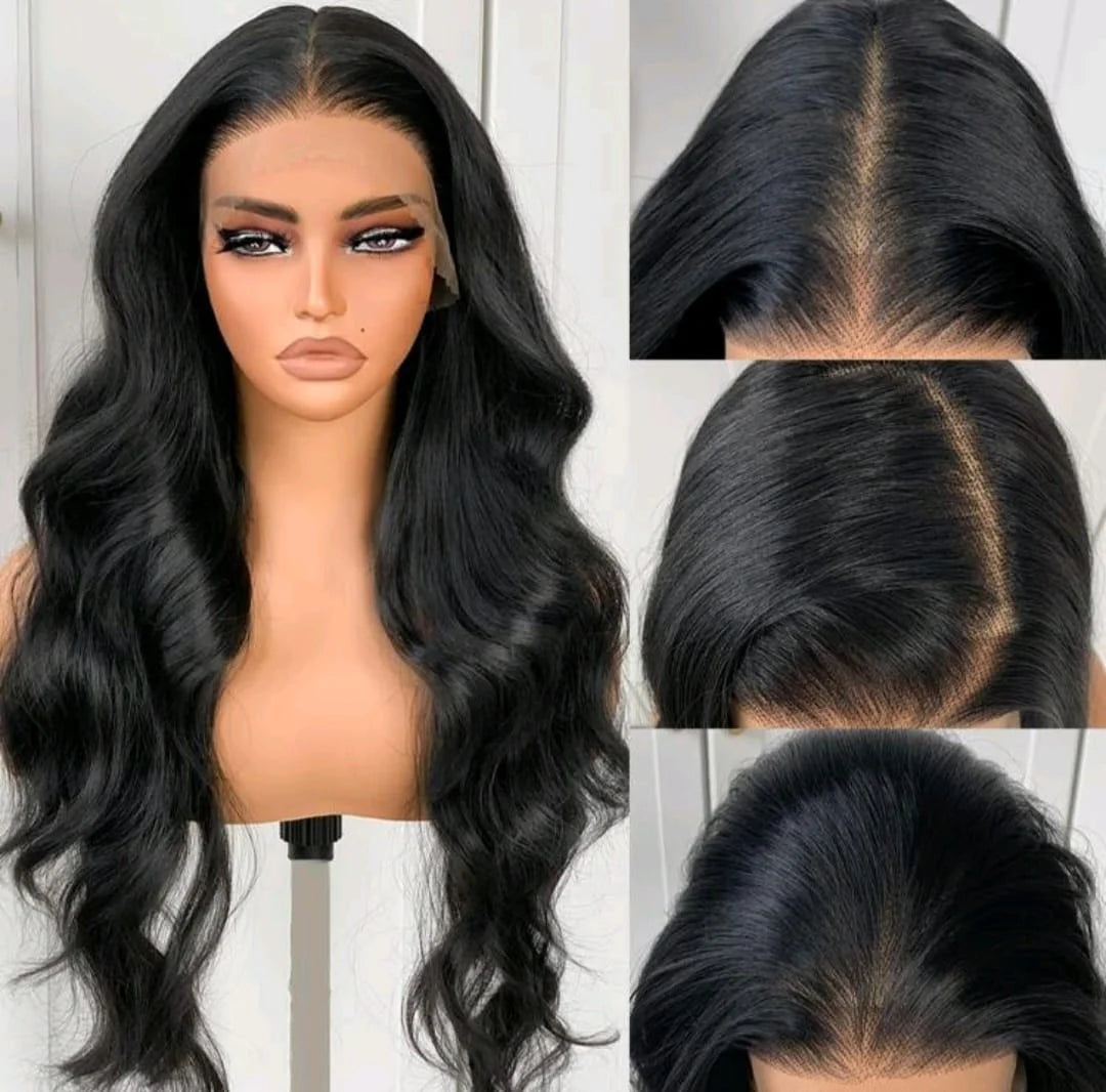 Black wavy wig on a mannequin head with close-up views of the hairline and front of the wig.