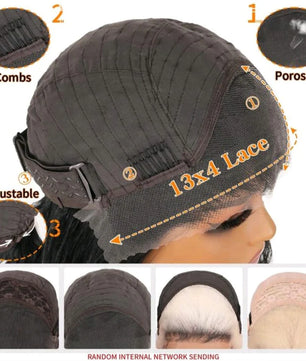 Hair wig with features highlighted on a mannequin head, including combs, porosity, and adjustable design.