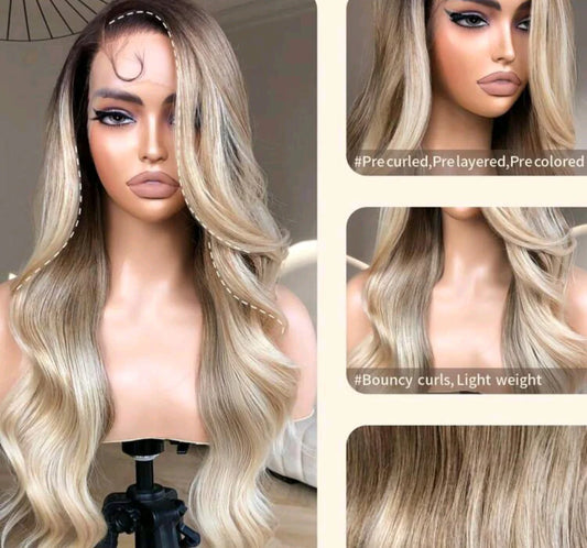 Blonde wig on a mannequin head with close-up details of hair texture and styling.