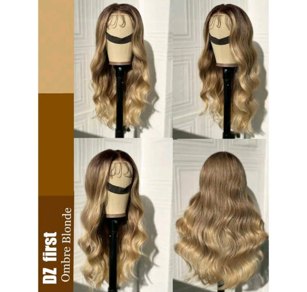 Wavy blonde wig on a mannequin head with color swatch and brand name.